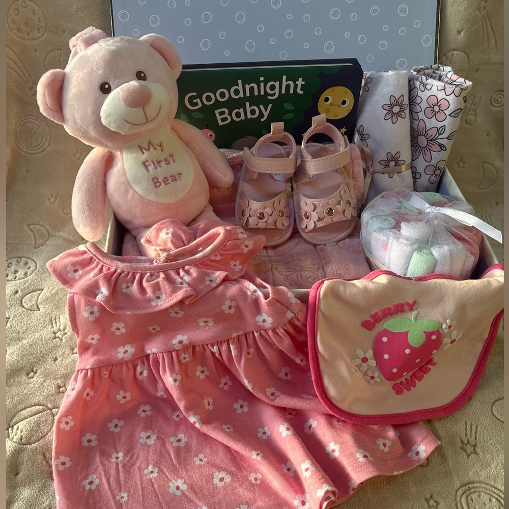 Baby Pink Floral Dress Gift Set with Plush Bear & Accessories